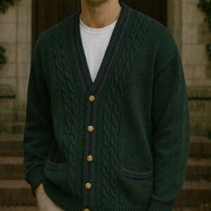 Vintage Hunt Club Mens Thick Tennis Varsity Cardigan Size M Blue Cable Knit